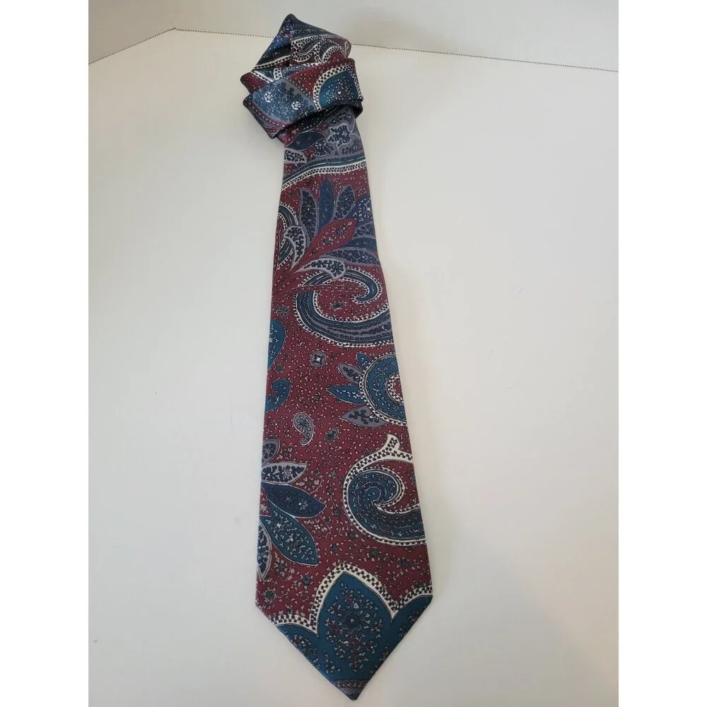 Wembley Men's Silk‎ Tie Burgundy Blue Paisley Pattern Classic Style